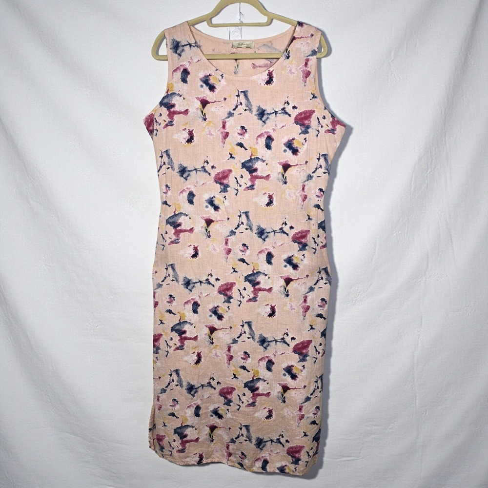 Bellamara‎ Midi Dress 100% Linen Woman Large Pink Abstract Print Made in Italy